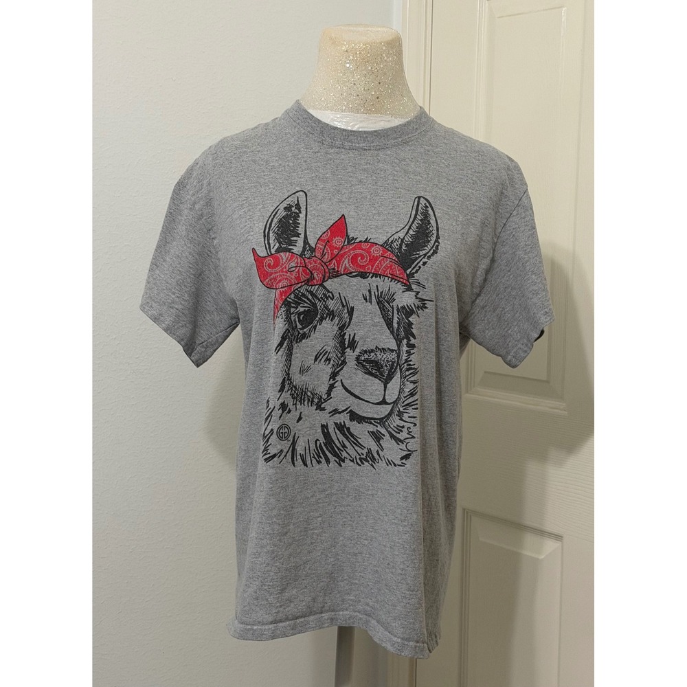 Girlie Girl Originals sz M Llama Red Bandana Graphic T-Shirt Grey Cute Novelty